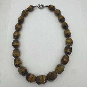 Tiger's Eye Faceted Earthy Gemstone Toggle Clasp Necklace 21" 236 Gr Vtg Chunky